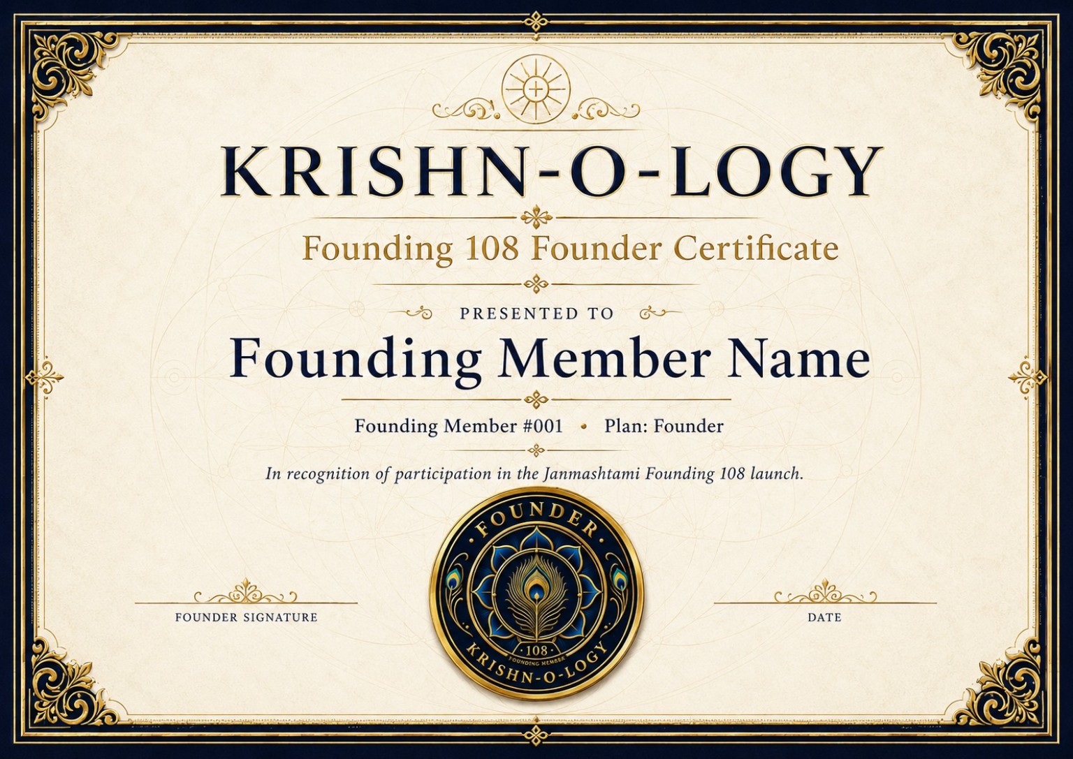 KRISHN-O-LOGY Founding 108 Founder Certificate sample