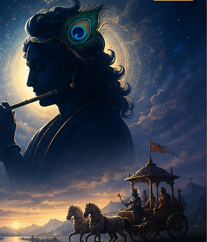 Krishna-inspired hero artwork with flute and chariot